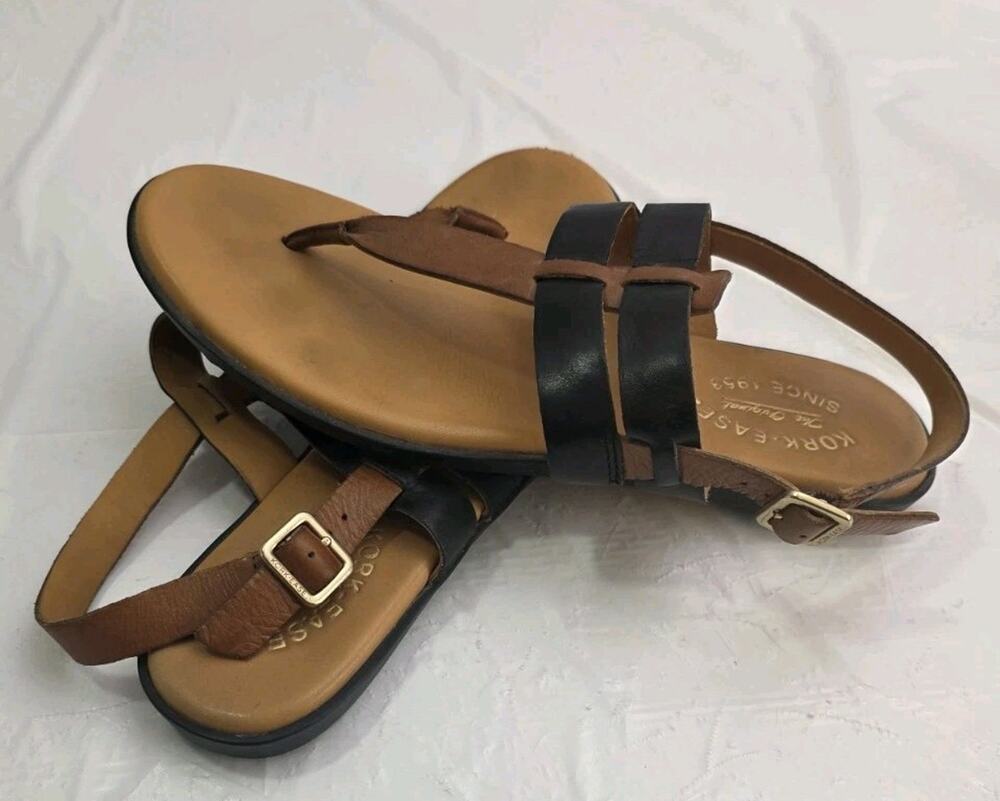 Kork-Ease 9M Sandal Flat Thong Strappy Slingback Black/Tan Leather Comfort